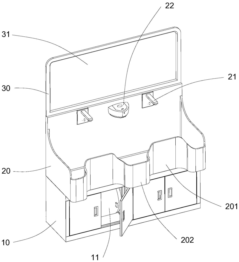 FIG. 1 — Vue schématique de la structure tridimensionnelle d’un mode de réalisation de la station de lavage des mains médicale à postes multiples (deux postes, n = 2)