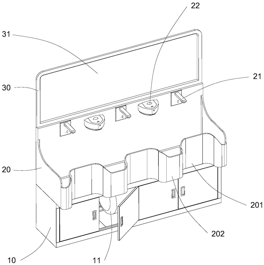 FIG. 2 — Vue schématique de la structure tridimensionnelle d’un autre mode de réalisation de la station de lavage des mains médicale à postes multiples (trois postes, n = 3)