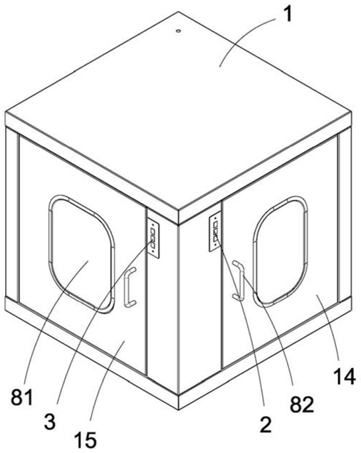 FIG. 1 - first structural schematic view of the three-door electronic-interlocking pass-through box