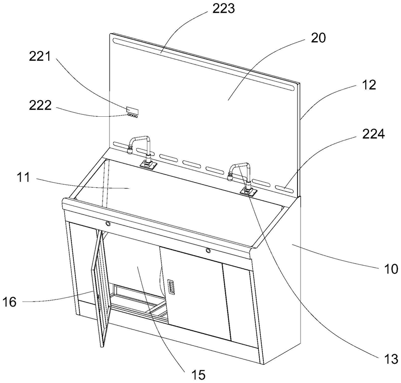 FIG. 1 — Vista esquemática de estructura tridimensional del lavamanos médico multifunción