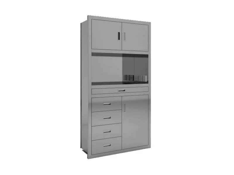 Tall 304 stainless steel computer cabinet with open equipment shelf, drawers and storage doors