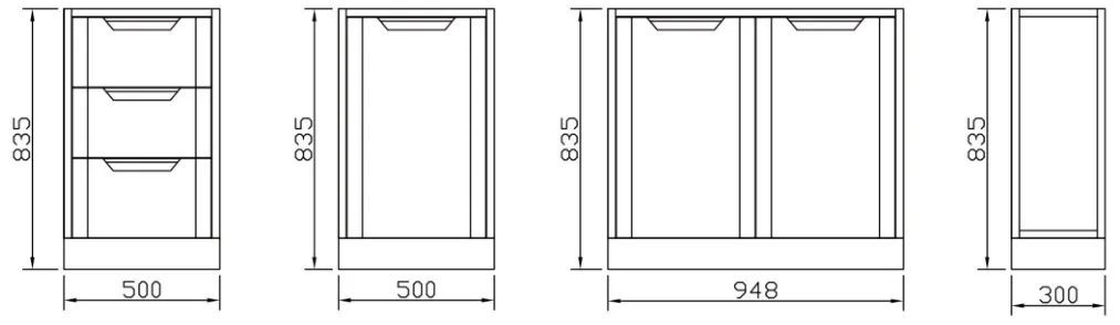 Four dimensioned technical elevation views of all-steel laboratory bench cabinet variants
