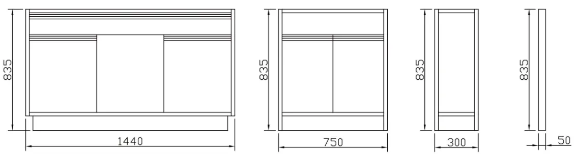 Dimensioned engineering drawing of all-steel laboratory bench showing four views