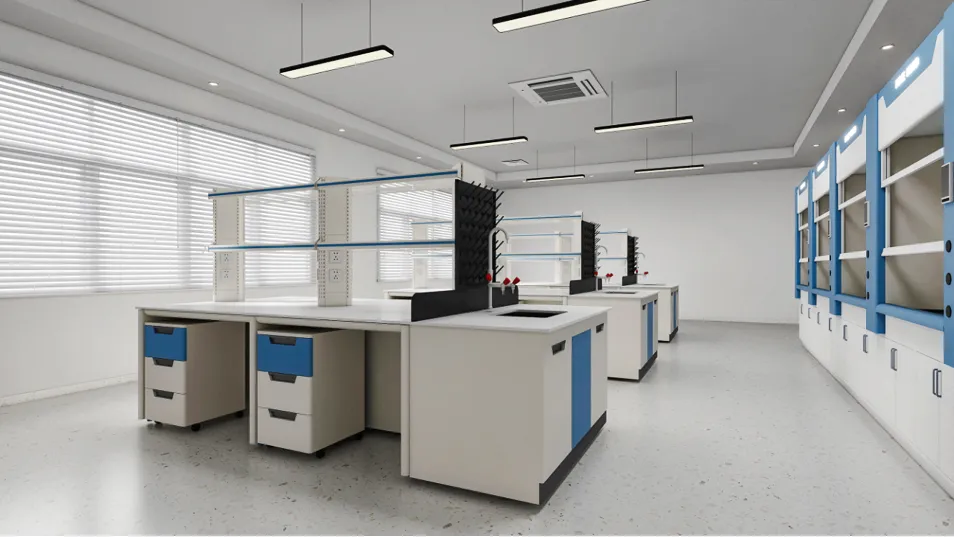 Installed C-series all-steel laboratory benches in a bright lab, white with blue drawer fronts and sinks