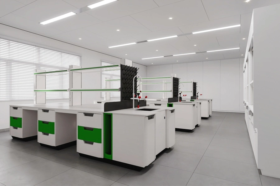Installed B-series all-steel laboratory benches in a clean lab, white with green accents and sinks