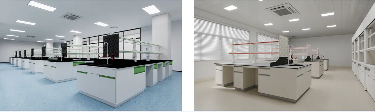 Two installed laboratory views showing rows of all-steel lab benches with sinks and shelving