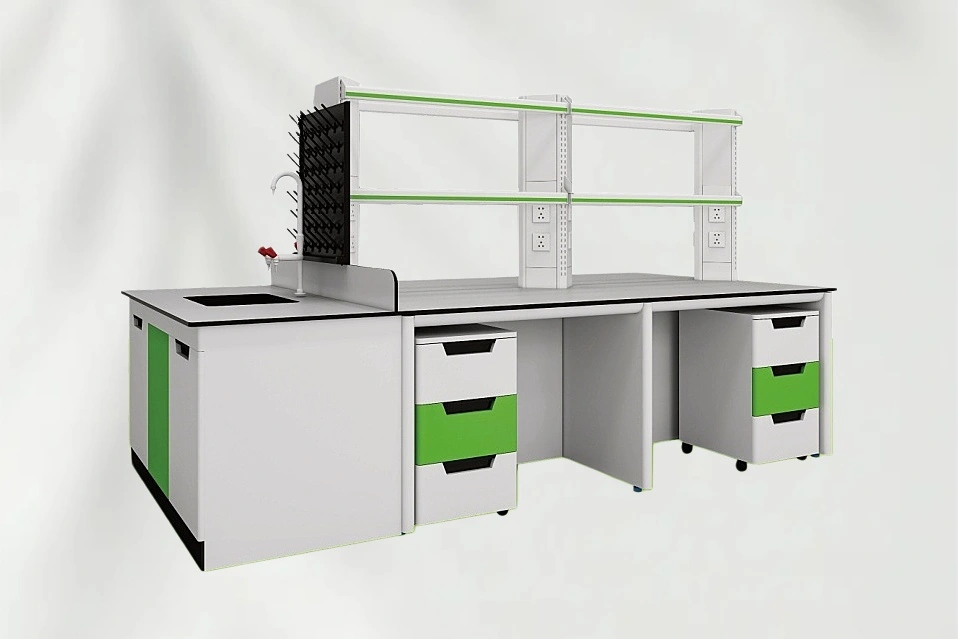 White and green all-steel laboratory island bench with sink, reagent shelves and mobile drawer cabinets