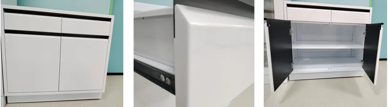 Multi-photo collage of a white all-steel laboratory bench cabinet, with a close-up and doors open showing shelves