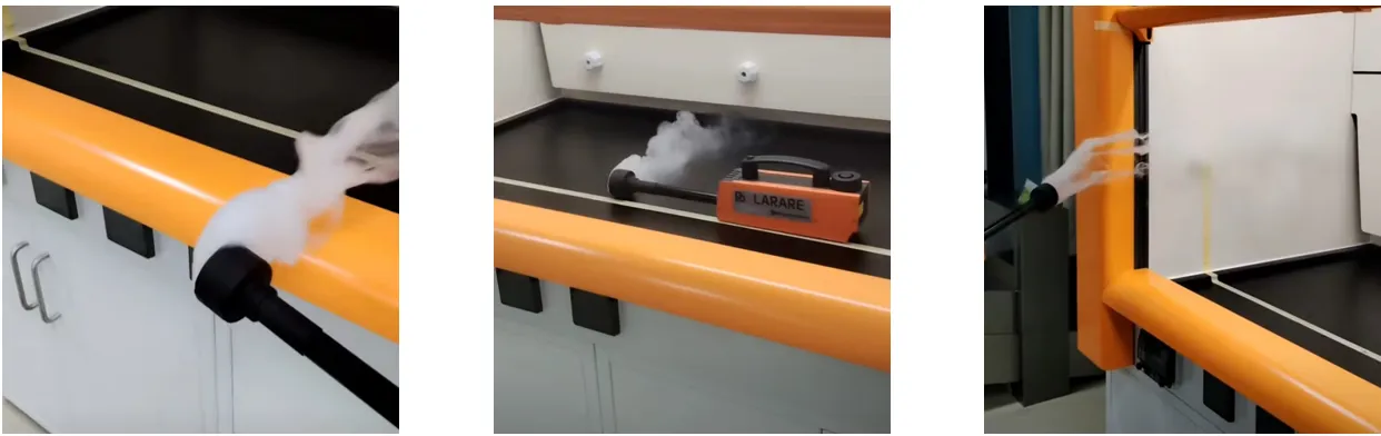Three-photo collage of a smoke airflow test on an orange-trimmed fume hood with black worktop