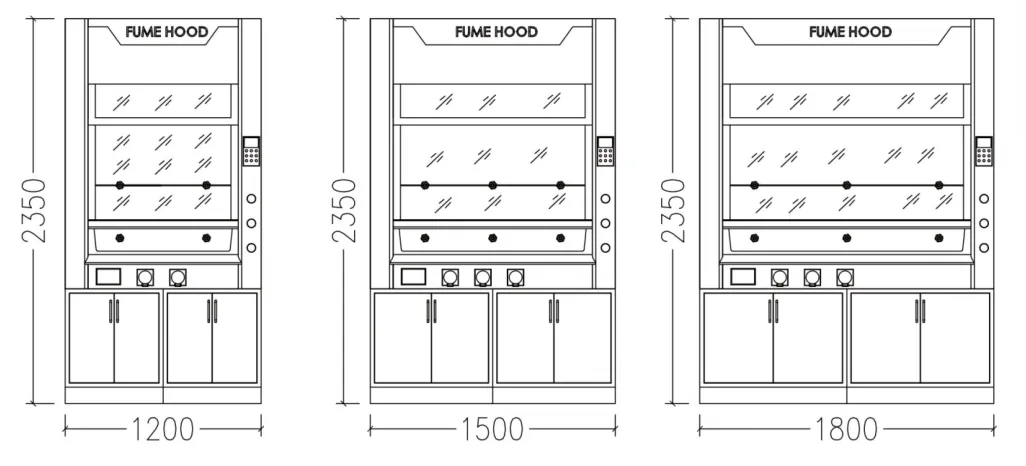 Three dimensioned elevation drawings of arc-shaped fume hoods in 1200, 1500 and 1800 widths