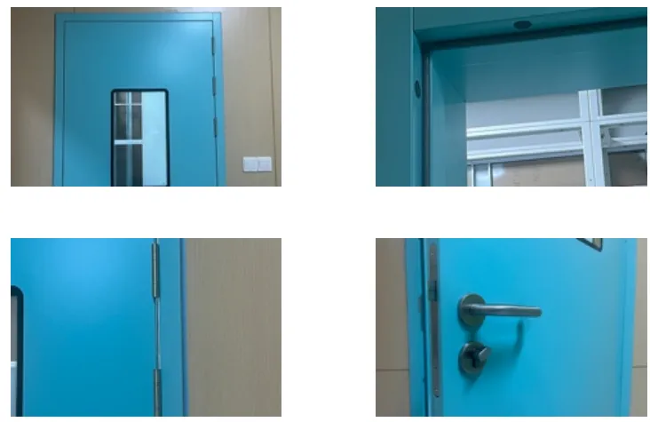 Four-photo collage of blue medical steel door, installed view with window plus hinge and handle details