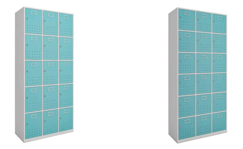 Two tall steel locker cabinets with turquoise perforated doors on white background