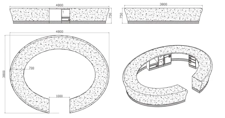 Technical CAD drawings of a circular information desk with dimensioned plan and elevation views