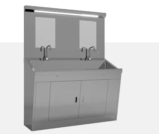 Double-station stainless steel hand-washing sink with two mirrors, faucets and under-counter cabinets