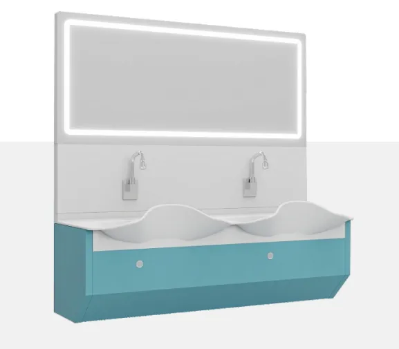 Wall-mounted double-seat acrylic hand-washing basin, white and teal, with two faucets and LED mirror