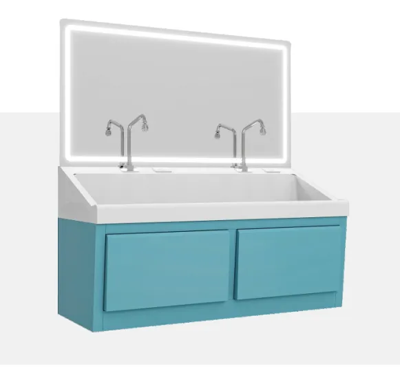 Wall-mounted double-seat surgical handwashing sink, white and teal, with LED mirror and four faucets