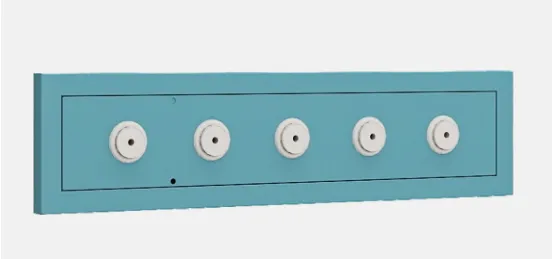 Blue rectangular gas terminal box with five white circular medical gas outlets, studio shot