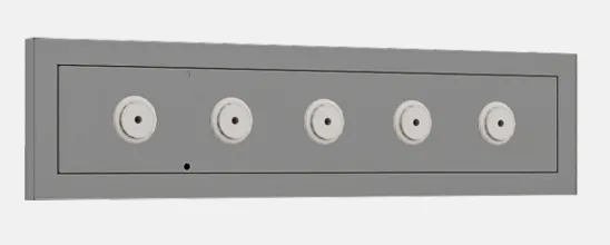 Gray medical gas terminal box with five white circular gas outlets on recessed front panel