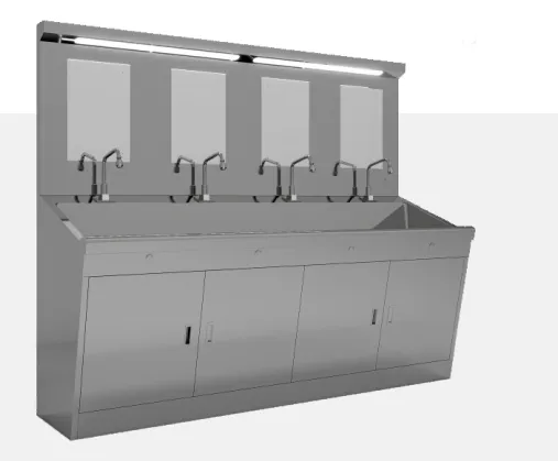 Four-person stainless steel hand-washing sink with four faucets, mirrors and lower storage cabinets