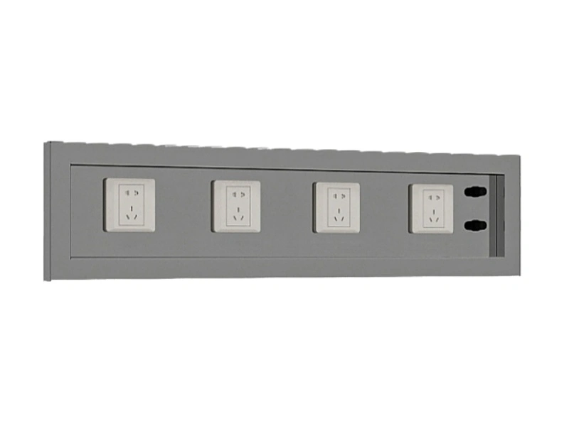 Gray recessed power outlet box with four white sockets and two black cable ports