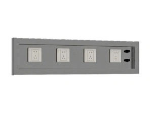 Gray medical power outlet box with four white sockets and two cable ports