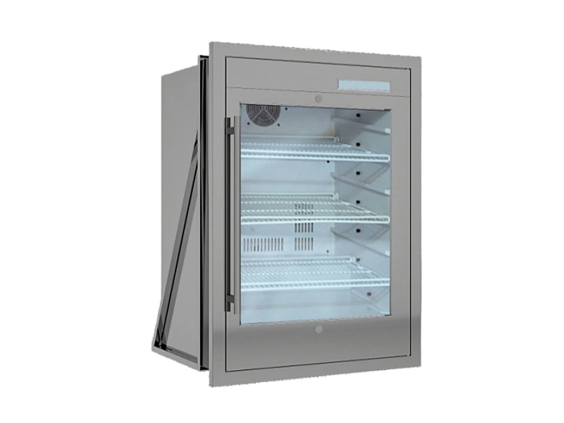 Stainless steel insulated refrigerated cabinet with glass door, wire shelves, and visible side insulation