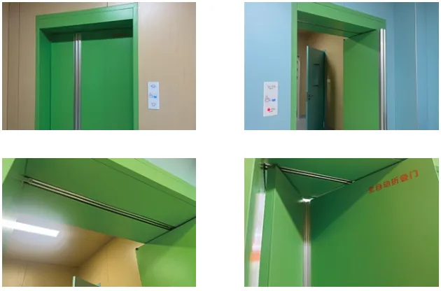 Four-photo collage of green automatic folding door, open and closed views with overhead track details
