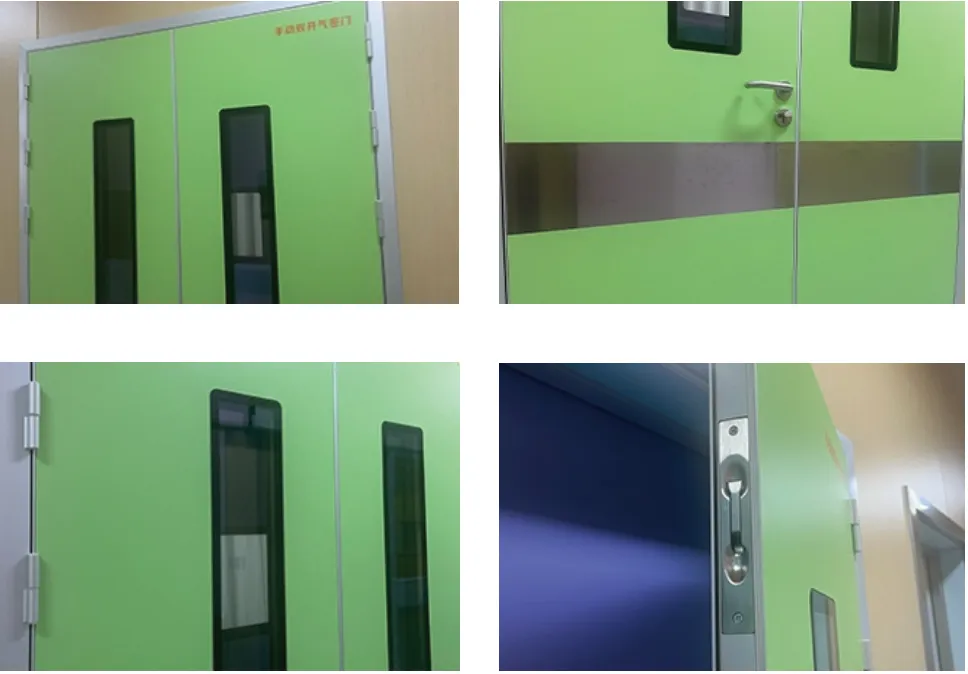 Four-photo collage of green double-leaf medical airtight door with narrow windows and hardware details