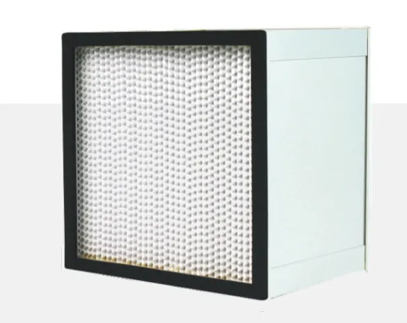High-efficiency partitioned HEPA air filter with black frame and pleated white media in metal casing