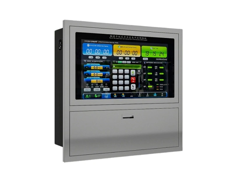 Stainless steel operating room intelligence control panel with touchscreen above integrated writing desk