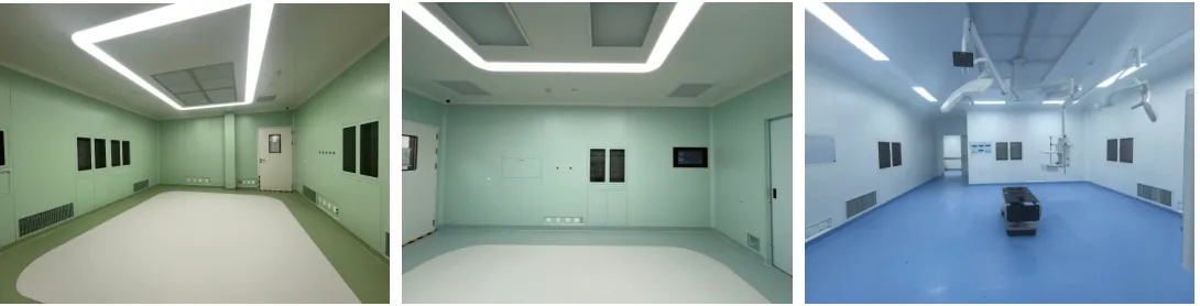 Three-view collage of completed modular operating rooms with LED ceiling lights, seamless walls and surgical pendants