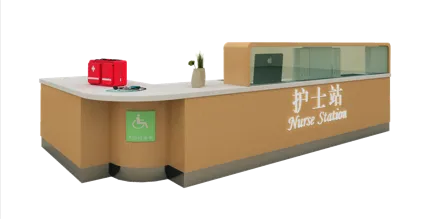 Beige L-shaped nurse station counter with glass partition, red medical case and wheelchair access sign