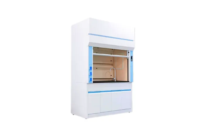 White laboratory fume hood with blue trim, glass sash, interior faucet and lower cabinets