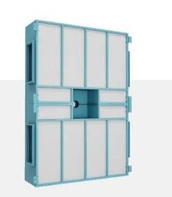 Laminar flow air supply ceiling unit with teal frame, white filter panels and central recessed opening