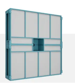 Laminar flow air supply ceiling with teal frame, white filter panels and central diffuser