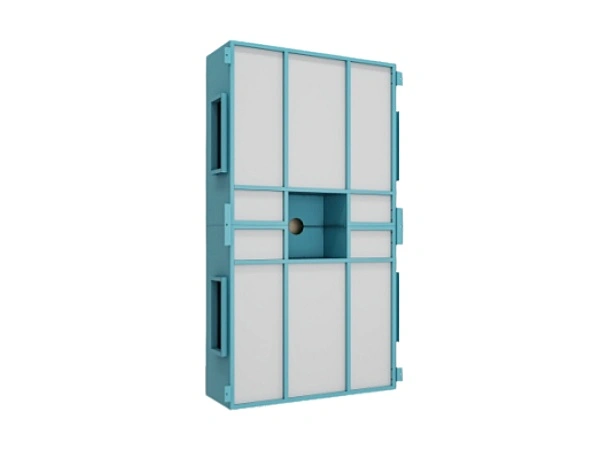 Teal-framed laminar flow air supply ceiling unit with white filter panels and central port