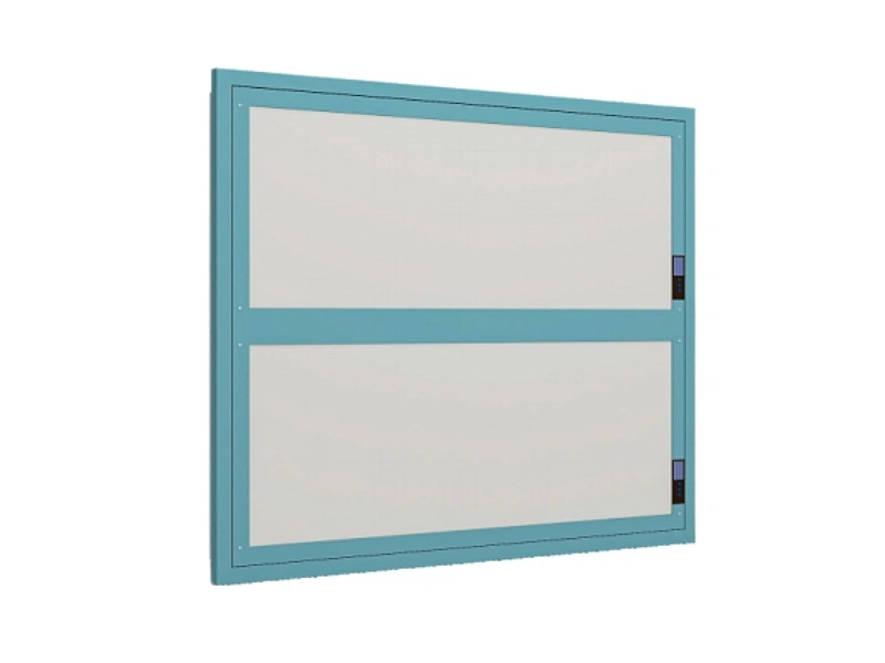 Wall-mounted LED X-ray film viewer with two stacked frosted light panels in a teal frame