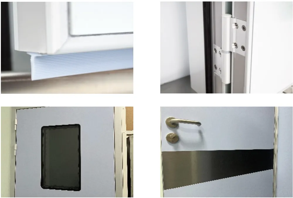 Four-photo collage of air-tight door details: gasket seal, hinge, observation window, and lever handle
