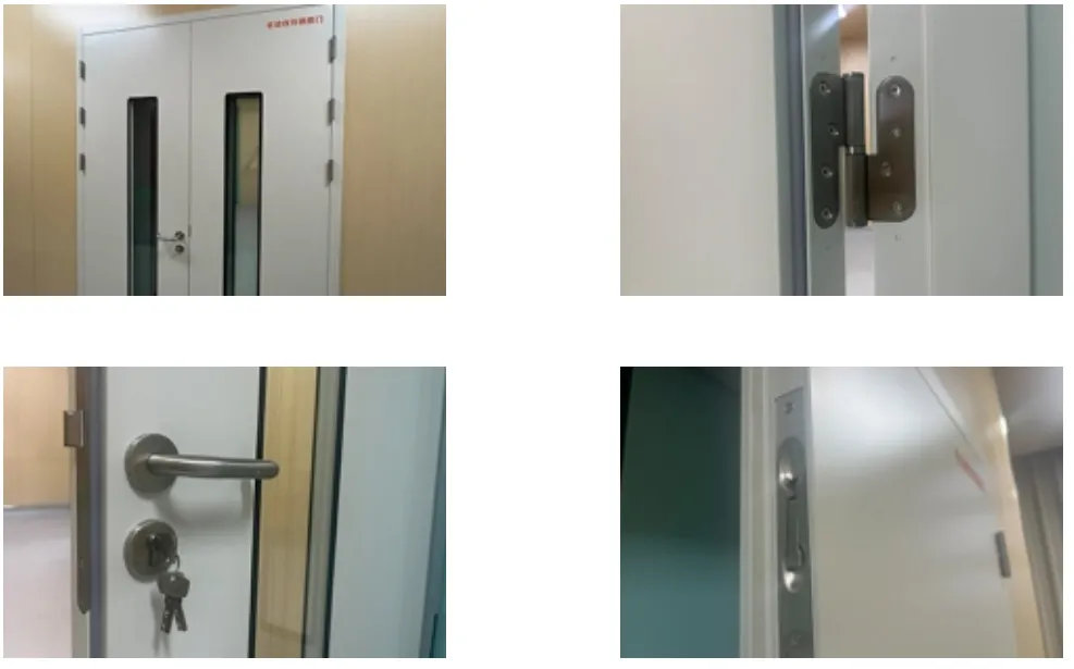 Four-photo collage of white double-leaf steel medical door and close-ups of hinges, handle and lock