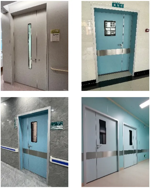 Four-photo collage of gray and blue medical airlock doors installed in hospital corridors