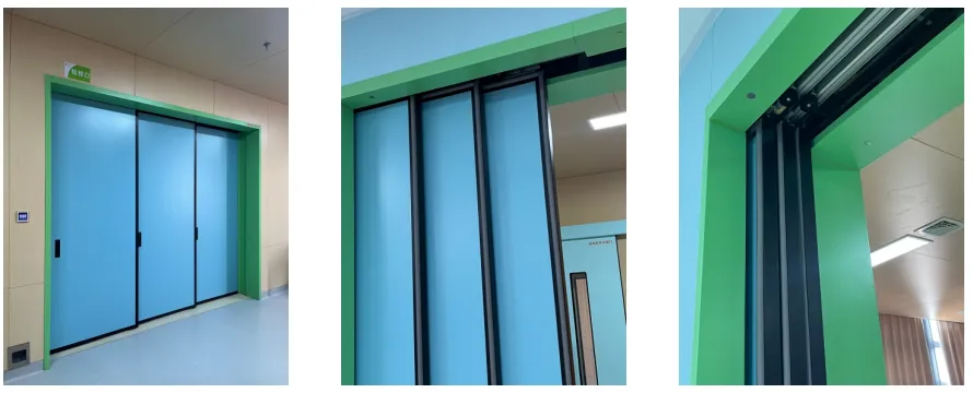 Three views of blue overlapping radiation-proof lead sliding doors with green frame and top track