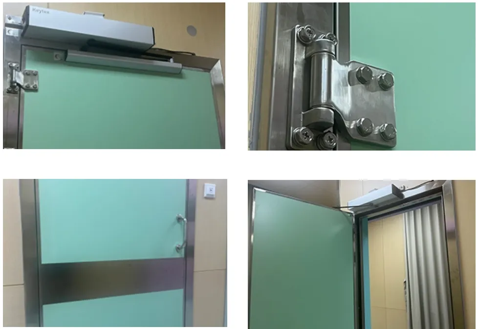 Four-photo collage of an installed green manual lead door showing closer, bolted hinge, handle and open view