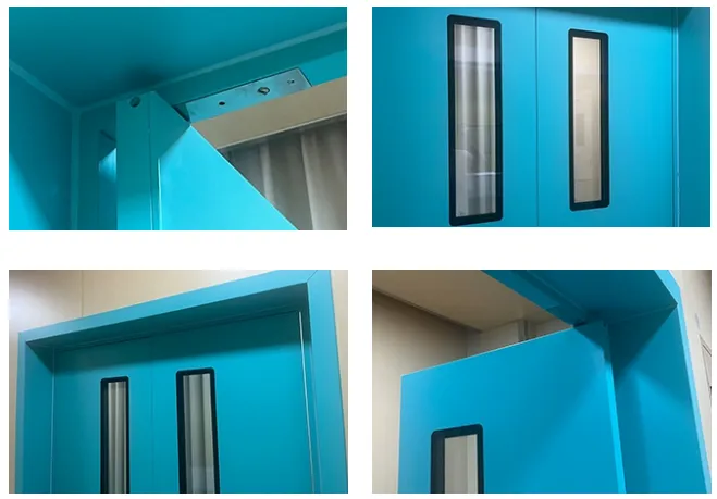 Four detail photos of a turquoise medical steel double-leaf automatic door with narrow glass windows