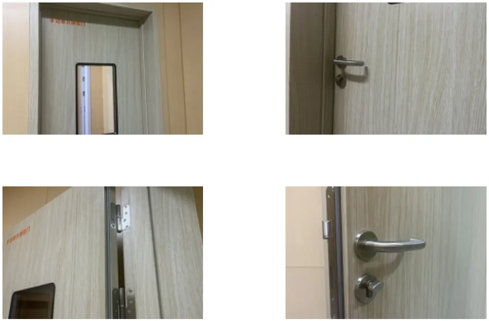 Four-photo collage of light wood-grain steel medical door with window and lever handles