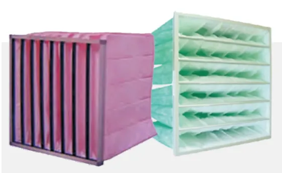Two medium-efficiency bag air filters with pleated pockets, one pink and one green, on white background