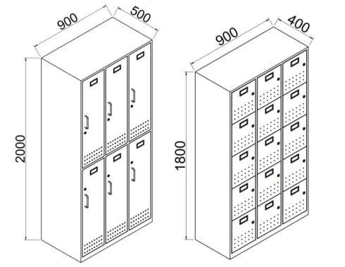 Dimensioned CAD line drawing of two locker and shoe cabinet units showing six doors and eighteen cubbies