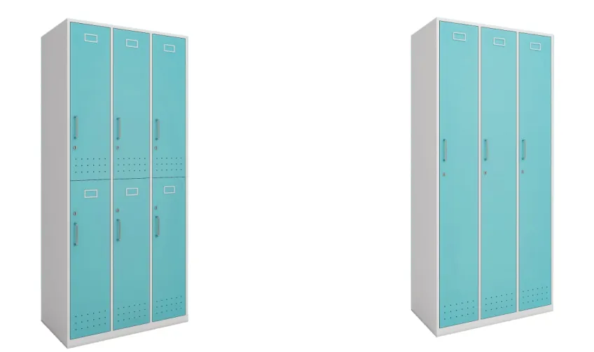 Two teal steel locker and shoe cabinet units with vented doors, shown side by side