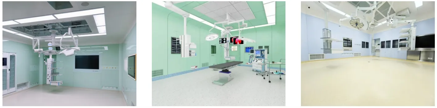 Three-view collage of completed modular operating rooms with surgical lights and equipment pendants