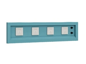 Blue recessed power outlet box with four white sockets and two black cable ports, product render