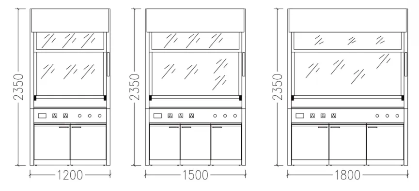 Three dimensioned elevation drawings of narrow-edge fume hoods in 1200, 1500 and 1800 widths